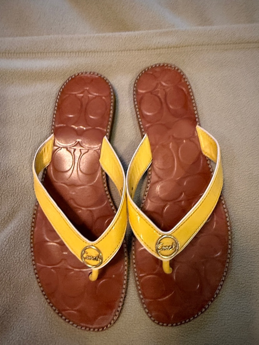 Coach Yellow Patent Thong Sandals with Brown Footbed